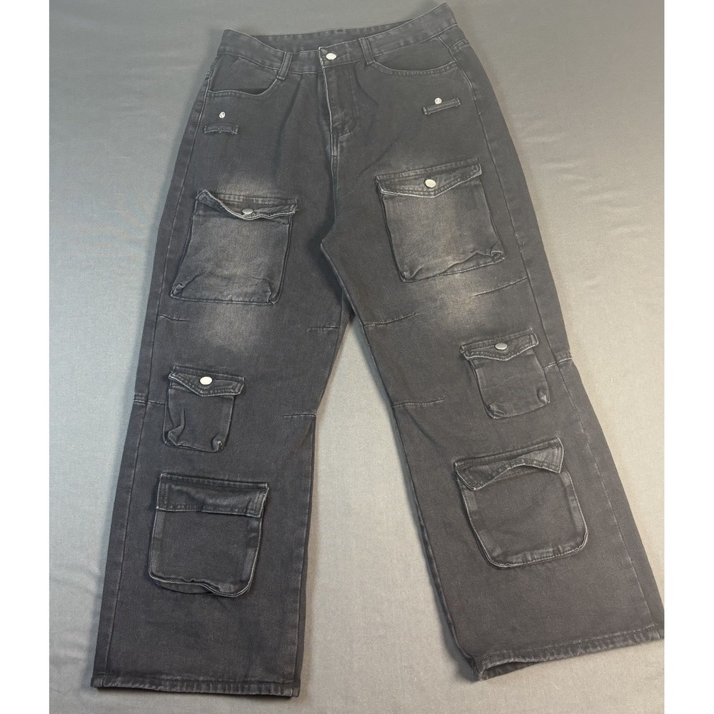 Y2K Cargo Jeans Baggy Multi pocket Women's Size 10/30" Black Wide Leg Grunge